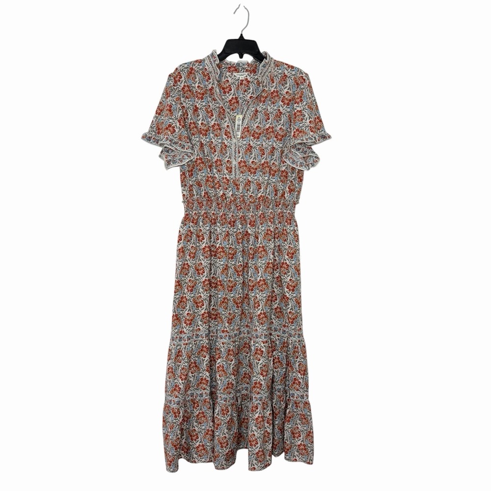 Max Studio London Dress 2X Floral Tiered Midi Smocked Waist Ruffle Sleeve